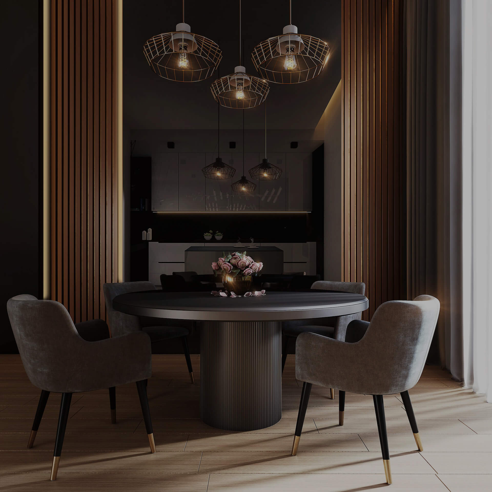 Luxury dark dining room with pendant lights and marble table – Interior Intellect
